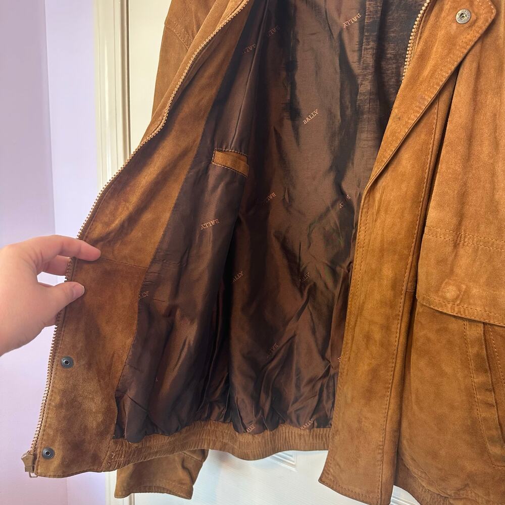 Bally VTG Men’s 100% Real Leather Suede Bomber Jacket Size 42 Brown Italy Made - Picture 11 of 14